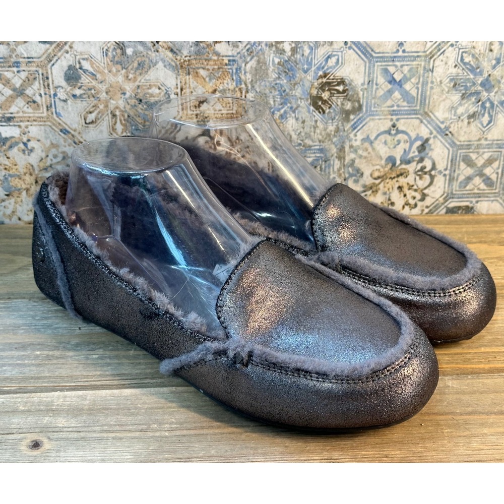 UGG Ansley Metallic Moccasin Slippers Shoes Womens 8 Pewter Silver Comfort